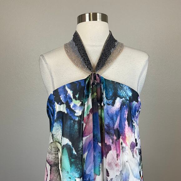 Badgley Mischka Backless Floral Print Beaded Halter Evening Gown White Size 10 - Picture 7 of 15